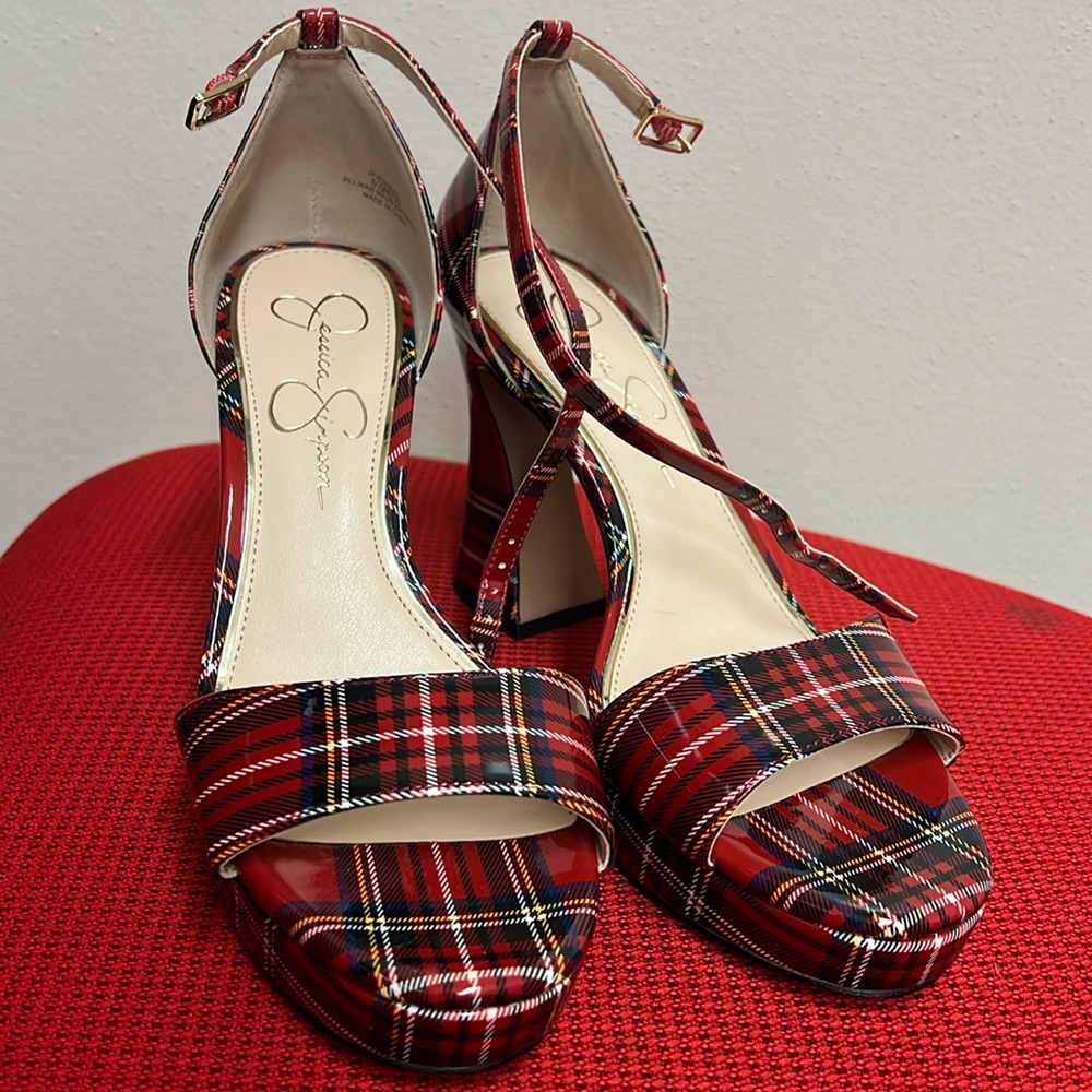 Jessica Simpson NEW Fonilda Patent Vegan Leather Tartan Plaid Platform Heels